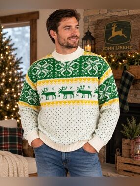 Vtg John Deere Fair Isle Sweater Medium Reindeer Green Yellow Nordic Knit Ugly